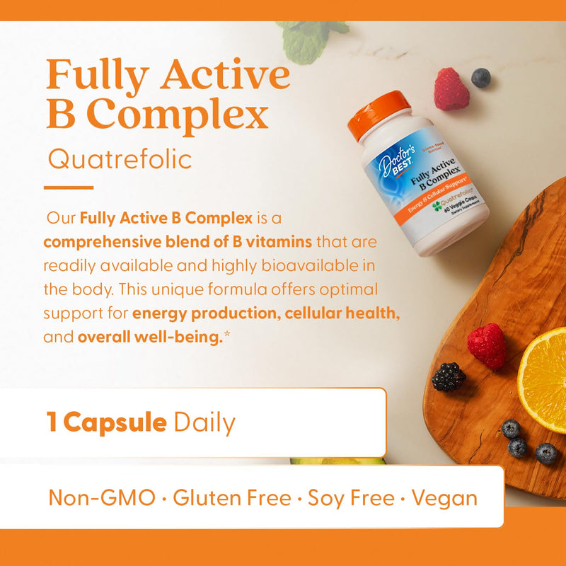 Doctor's Best Fully Active Vitamin B Complex Supplement for Men & Women - Super Complex with Methylated B12 & Folate, B6, Biotin, Pantothenic Acid, & More, Energy Support Caps - 60 Veggie Capsules 60 Count (Pack of 1)