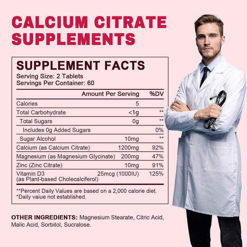 Calcium Citrate 1200 mg with Vitamin D3 Supplement for Women & Men, Calcium Magnesium Zinc D3 for Bone Muscle & Teeth Health - 120 Count - 60 Day Vegan Supply 120 Count (Pack of 1)