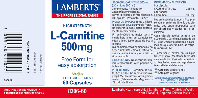 Lamberts L Carnitine 500mg - 60 Capsules