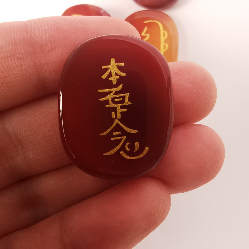 [Australia] - Lovionus89 Pack of 4 Red Agate Engraved Chakra Stones Healing Crystal Reiki Balancing Palm Stone, 25mm 25mm 