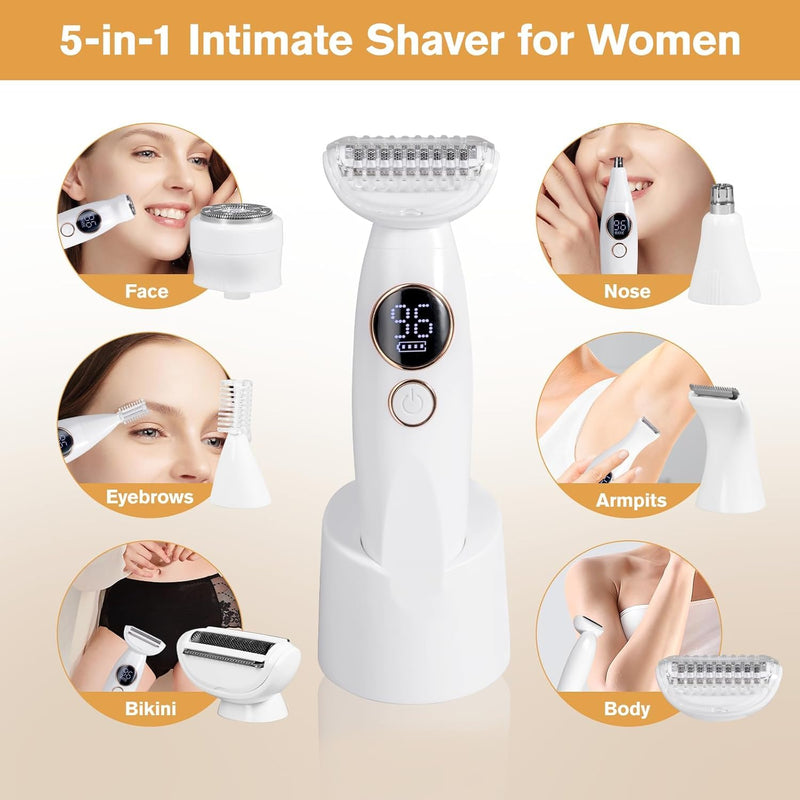 Bikini Trimmer for Women, Electric Razors for Silk Skin 5-in-1, IPX7 Waterproof, USB Rechargeable, Electric Razors for Women for Face, Eyebrows, Body, Bikini Zone with Charging Station
