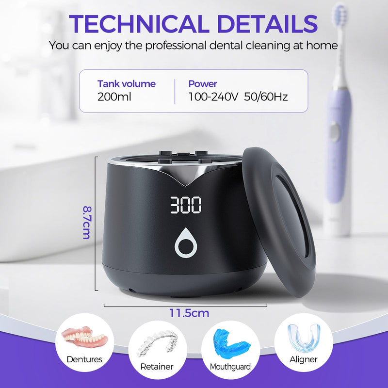 [Australia] - Ultrasonic Retainer Cleaner, 45kHz Denture Cleaner Machine, 5min and 10min Modes, 200ml Dental Cleaning Pod, MouthGuard Cleaner for Aligner Jewelry EPA Est. No.104222-CHN-1 