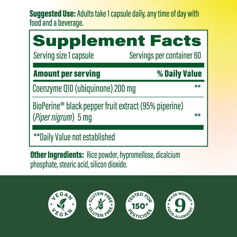 MegaFood High Absorption CoQ10 200mg per Serving, Black Pepper, 60 Capsules | Healthy Aging Antioxidant, Heart Health, BioPerine Black Pepper Extract to Enhance Absorption, Non-GMO, Vegan, 60 Servings