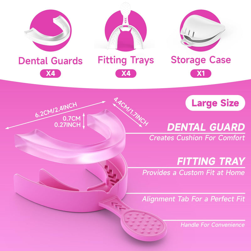 Upgraded Mouth Guards for Grinding Teeth, 4 Pack, Standard Size, Professional Night Guard with Fitting Tray, Comfortable Mouth Guard for Clenching Teeth Pink