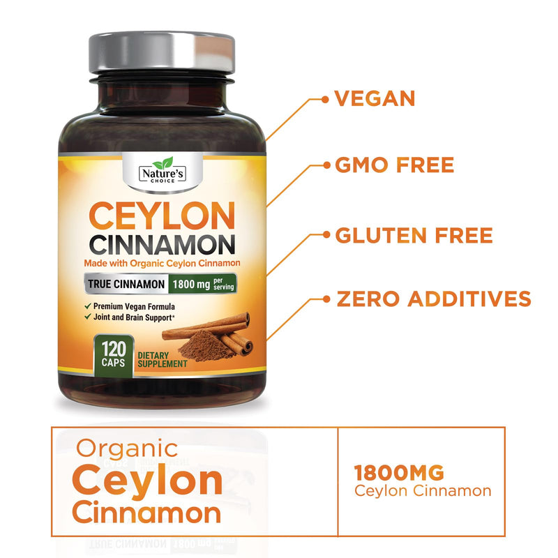 [Australia] - Ceylon Cinnamon Capsules - Certified Organic Cinnamon Pills, Non-GMO, Dairy & Gluten Free, Sri Lanka Cinnamon Powder Supplement, Vegan True Cinnamomum Vitamins, Sugar Free, 120 Count Cinnamon Capsules 120 Count (Pack of 1) 