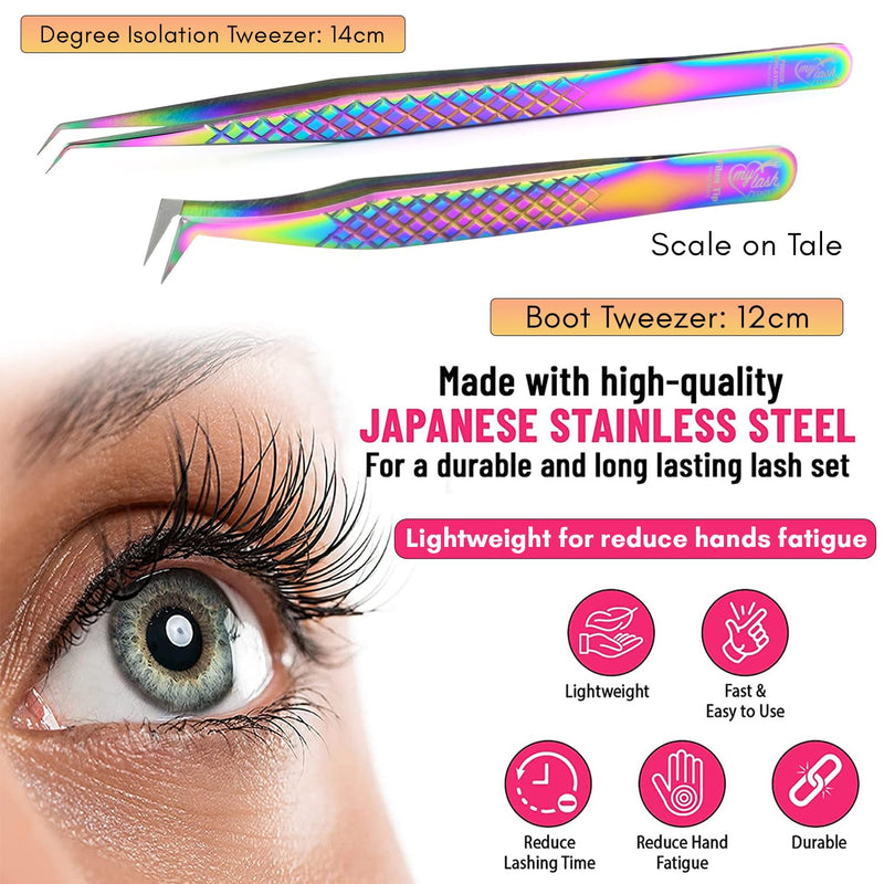 2pcs Fiber Tip Lash Tweezer Set – Fine Axe Tip Volume Boot Tweezer & Isolation Tweezer, Precision Eyelash Extension Tools, Stainless Steel, Non-Slip Grip for Classic, Mega Volume Lashing (Multi) 2Pcs Set Lash Tweezers Set/Ftlt-33