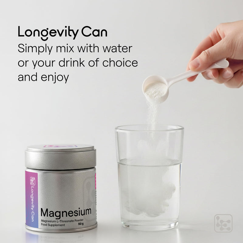 Magnesium L-Threonate Powder 50g | Pure Magnesium L-Threonate | 1500mg (3 Scoops) | ~33 Servings | Unflavoured | Vegan | Additive-Free | Third-Party Tested | Metal Tin