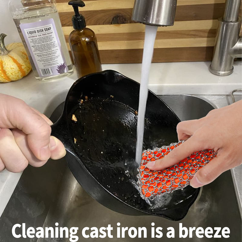 [Australia] - [Dual-use] Cast Iron Scrubber Cleaner-Stainless Steel Chain Mail | Silicone Support Chainmail Scrubber-Detachable Cast Iron Pan Pot Skillet Griddle Cleaning Kit-Scrubbing Pad to Clean Dutch Oven, Wok 316L Chain Mail Wrap+ Orange Silione pad 