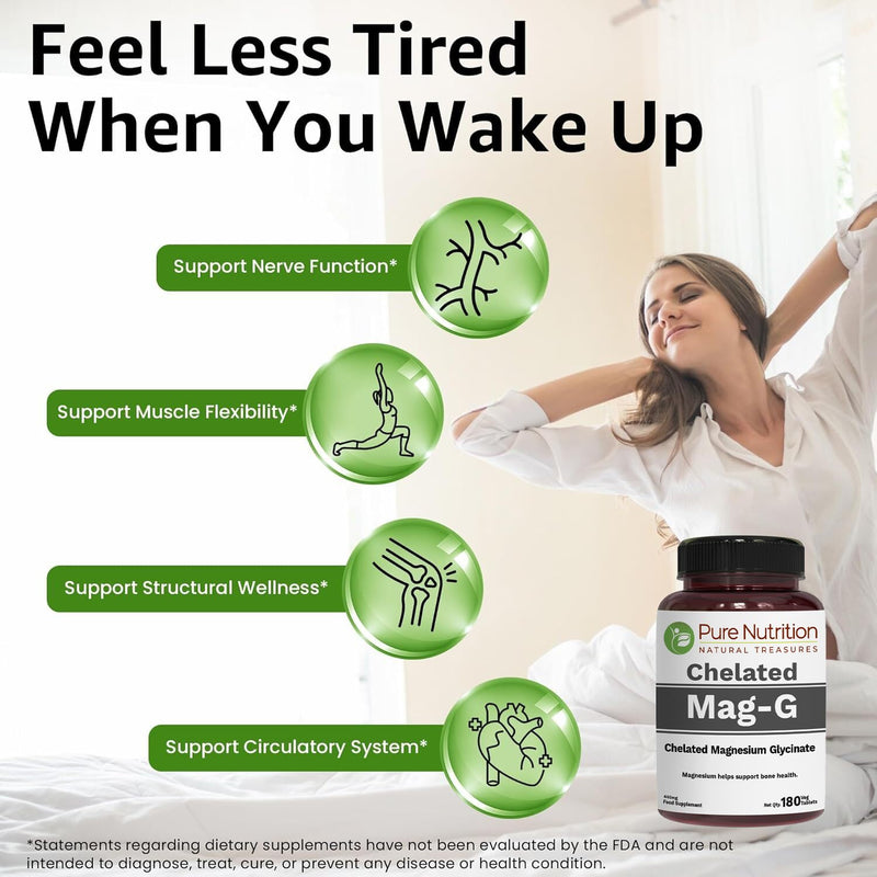 Pure Nutrition MagG - Chelated Magnesium glycinate Supplement | 180 Tabs | 440mg Elemental Magnesium | High Absorption Supplement to Support Overall Well Being