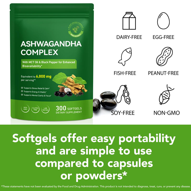 Ashwagandha 6000mg 300 Softgels, Ashwagandha KSM 66 Complex & Black Pepper Extract, High Absorption Supplement for Stress Relief, Mood, Focus & Vitality Support-Non GMO, Gluten Free