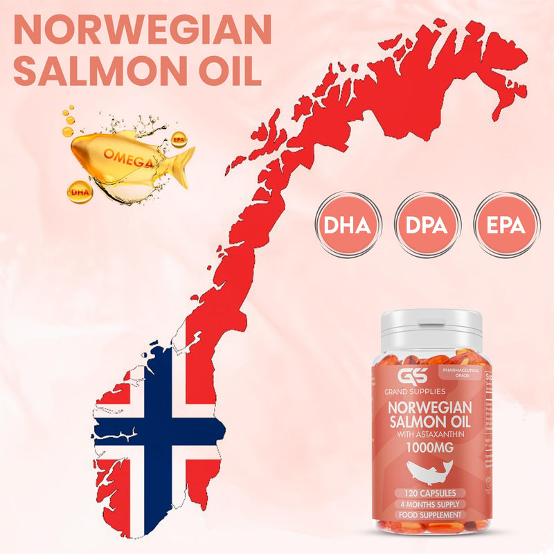 Norwegian Salmon Oil - 1000mg - 4 Months Supply - DHA,DPA,EPA & Astaxanthin - Omega 3 6 9 Capsules High Strength -Burpless Taste - 120 Days Supply