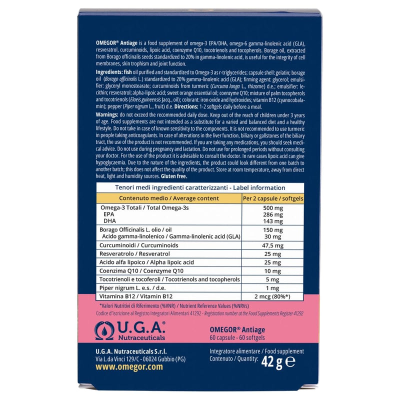 OMEGOR Antiage Skin Supplement with Omega 3 EPA/DHA and Omega 6 GLA, Resveratrol, Turmeric, Alpha Lipoic Acid, Coenzyme Q10, Tocotrienols, 60 Capsules