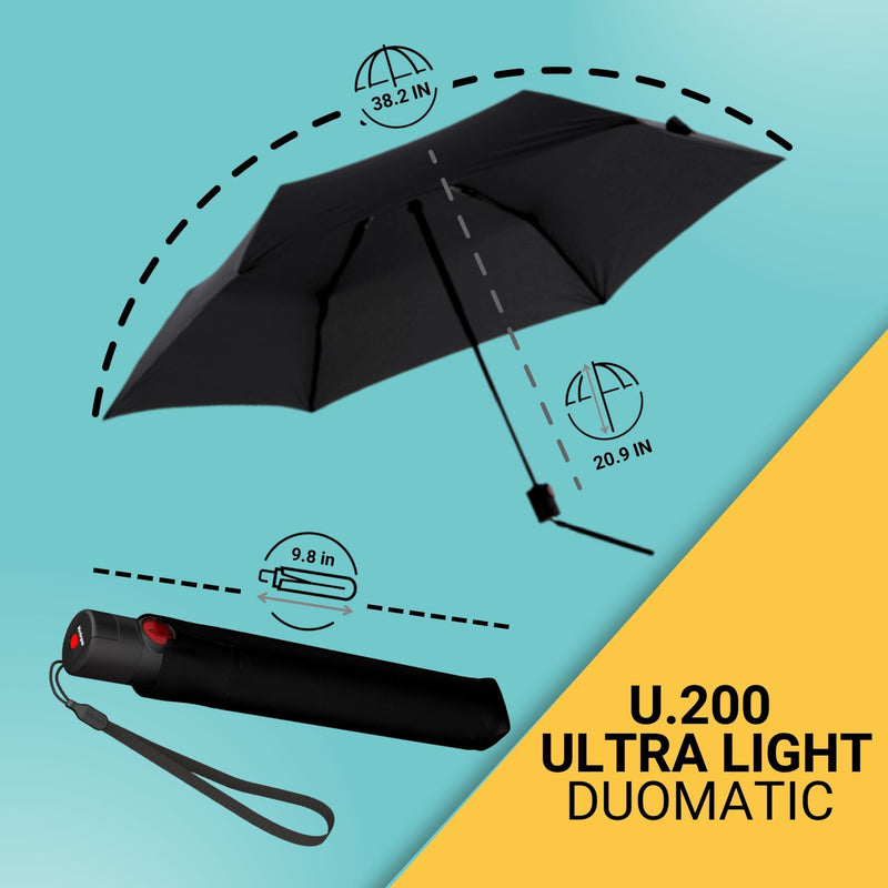 Knirps U.200 Ultra Light Duomatic Automatic Open Rain Umbrella - Compact Windproof Travel Umbrella for Adults - 97cm Diameter Retractable With Carrying Case Black