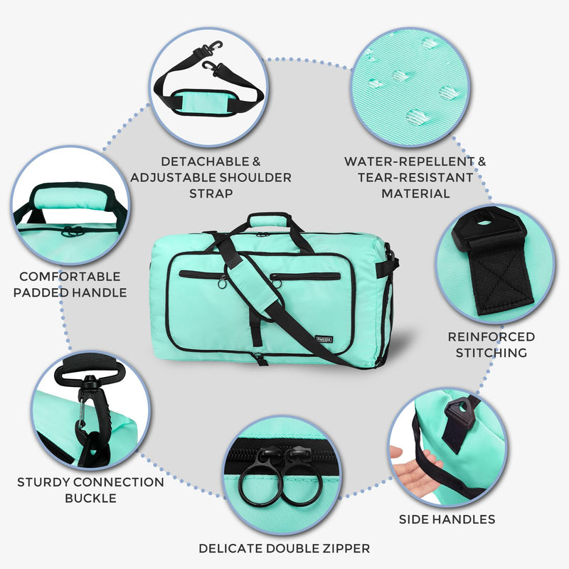65L Duffle Bag Foldable Travel Duffel Bags for Men Women Travel Bag | Shoes Compartment, 65L Large Capacity, Foldable, Packable, Water Repellent, Tear Resistant, for Traveling Gym Overnight Camp Glossy Mint Green