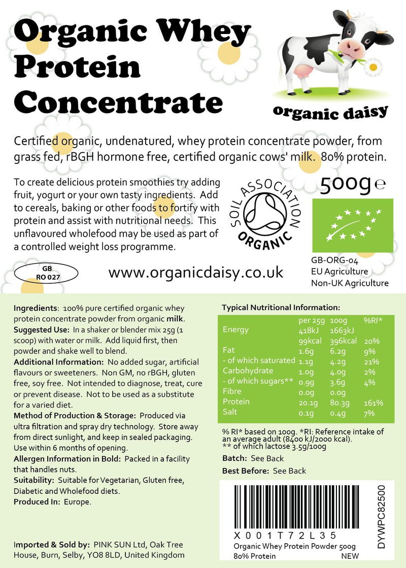 Organic Whey Protein Powder 500g Pure Unflavoured Concentrate Grass Fed SOYA Free Gluten Free Low Carb Vegetarian