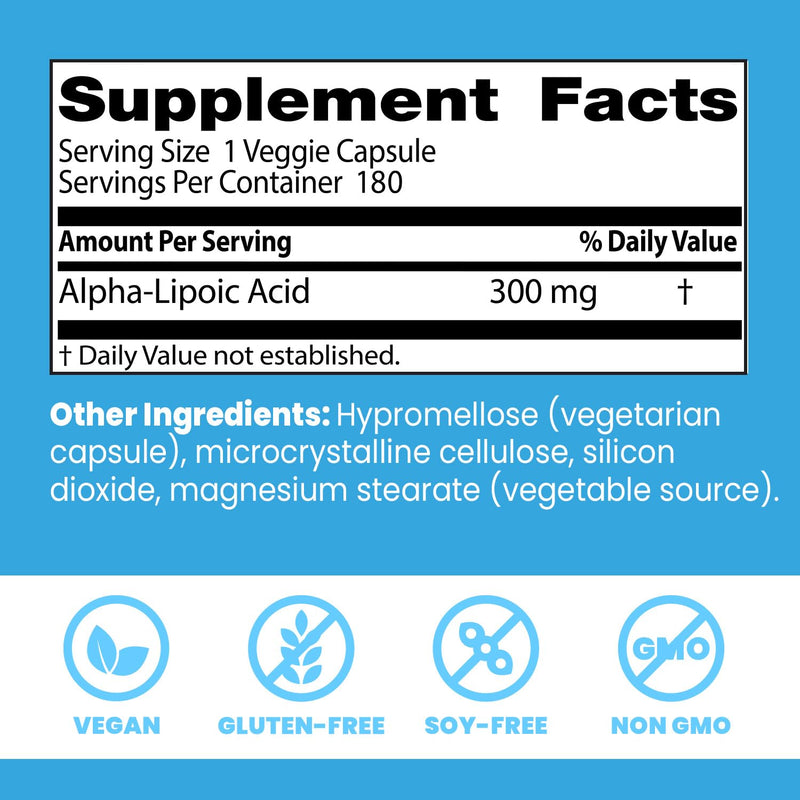 [Australia] - Doctor's Best Alpha-Lipoic Acid 300, Supports Antioxidant Function & Glycemic Balances, Non-GMO, Gluten Free, Vegan, Soy Free, 300 mg, 180 Veggie Caps 180 Count (Pack of 1) 