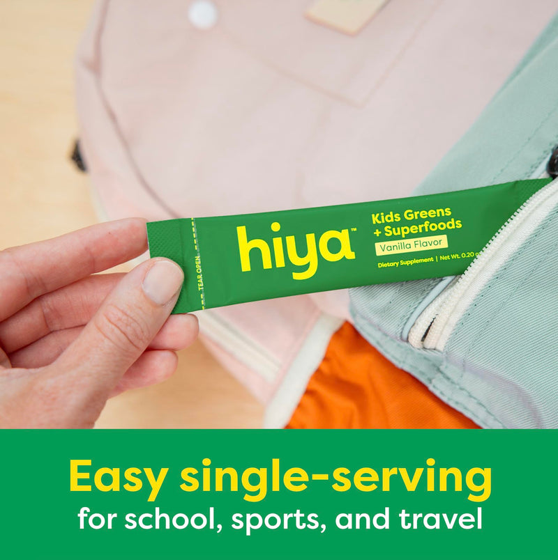 HIYA Kids Greens Powder Sticks, Greens Superfood Powder for Kids, Vanilla | 55+ Whole-Food Sourced Ingredients & Delicious Flavor, 0g Sugar, Third-Party Tested, for Children Ages 2+