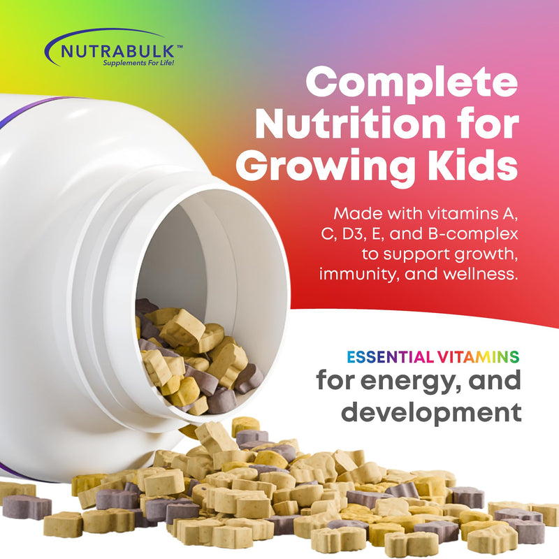 NutraBulk Children’s Chewable Multi-Vitamins - Promoting Kids' Overall Development - USA-Made, May Help to Support Immune, Bone, Brain & Overall Well Being- Vegan & Gluten Free - 250 Cherry Tablets | Fun Animal Shapes & Fruity Flavors, No Artificial Dy...