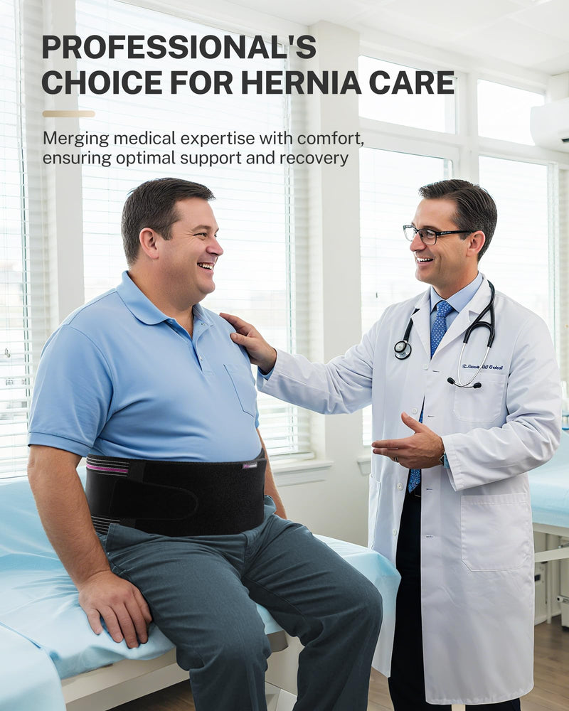 [Australia] - Front-Wearing Umbilical Hernia Belt, Unisex, 3D Dome-Shaped Hernia Support Pad, Adjustable with Removable Pads & Extra Straps for Abdominal Pressure, Lumbar Support, Skin-Friendly & Discreet L/XL Black with Pink Stripes 