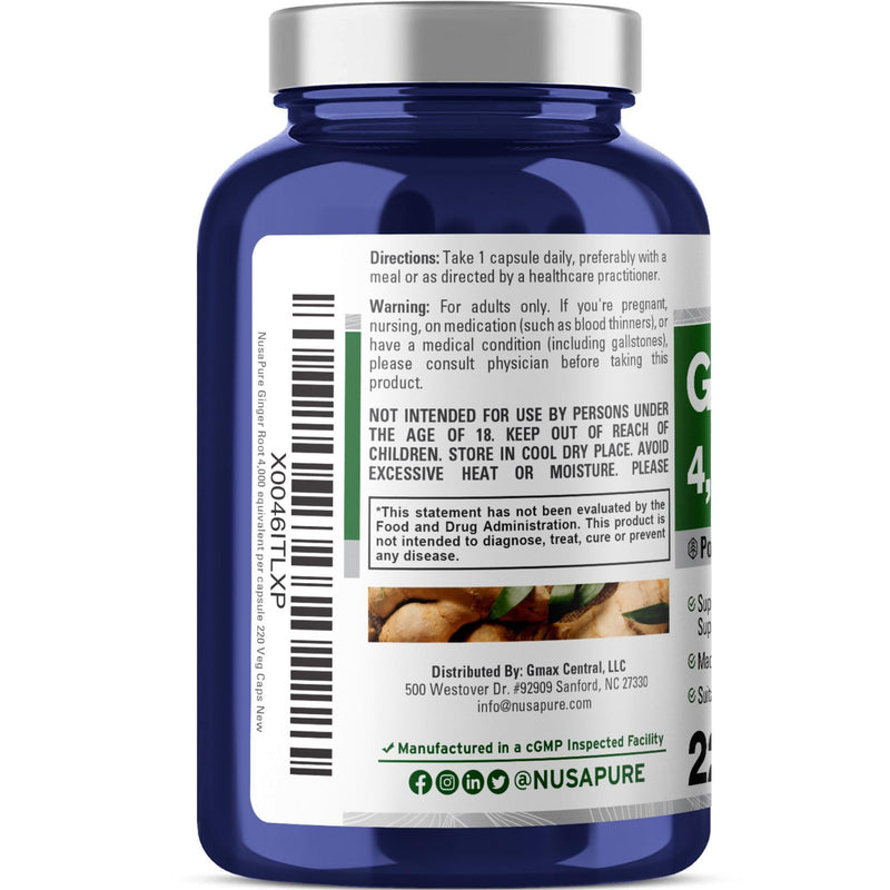 [Australia] - NusaPure Ginger Root Capsules 4000 mg per Veggie Caps | 220 Count | Non-GMO | 20:1 Extract 
