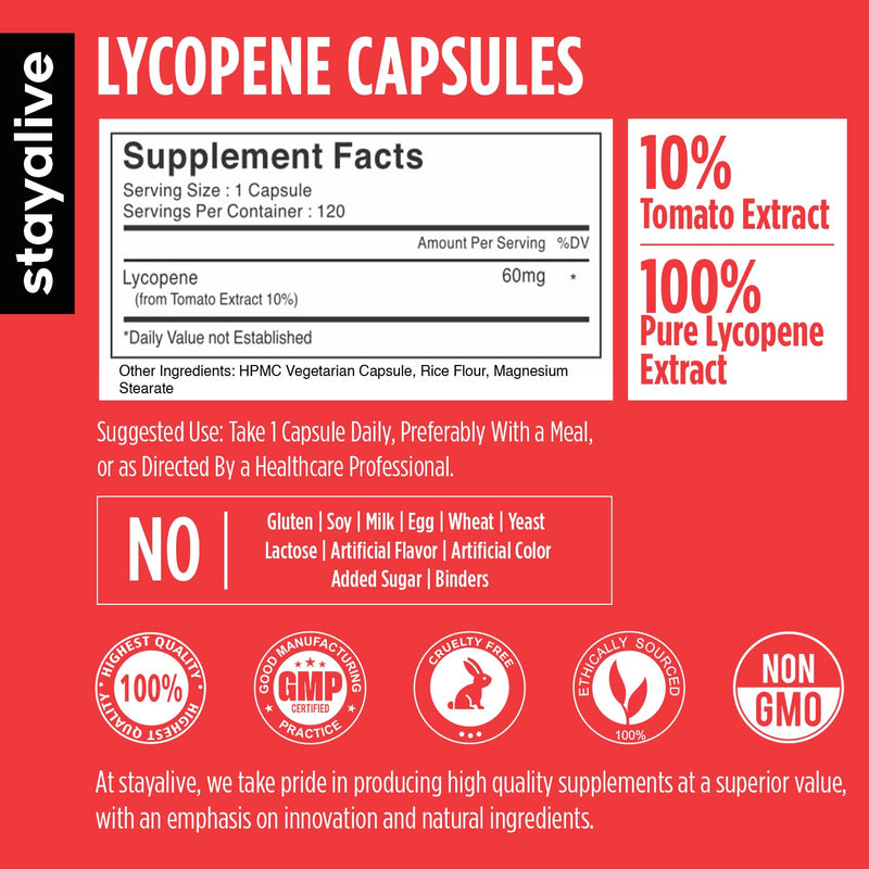 [Australia] - STAY ALIVE Lycopene Supplement for Men 60mg, Natural Tomato Extract Powder, 120 Capsules with 4 Months Supply, 100% Veg Lycopene Complex, Non-GMO and Gluten Free Carotenoid Supplement 