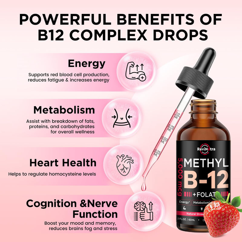 Vitamin B12 liquid Drops, B12 vitamins 5000 mcg, Vitamin B Complex Supplement with Methylcobalamin B12 Sublingual, Vitamin B6, Folate for Energy, Brain, Heart Health, Vegan Strawberry Flavor 2 Fl Oz 2 Fl Oz (Pack of 1)