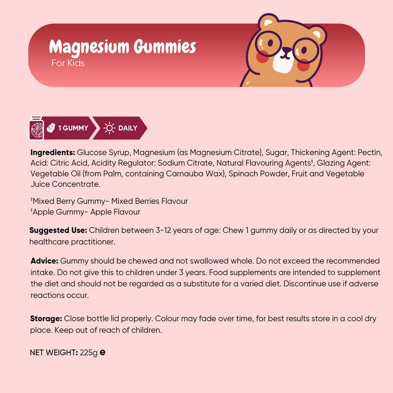 Kids Magnesium Gummies - 90 Gummies - 3 Months Supply - Natural Mixed Berry and Apple Flavours - 727mg of Mg Citrate (80mg Elemental) - 1 per Day - Vegan, Gluten-Free & Lactose-Free Magnesium for Kids