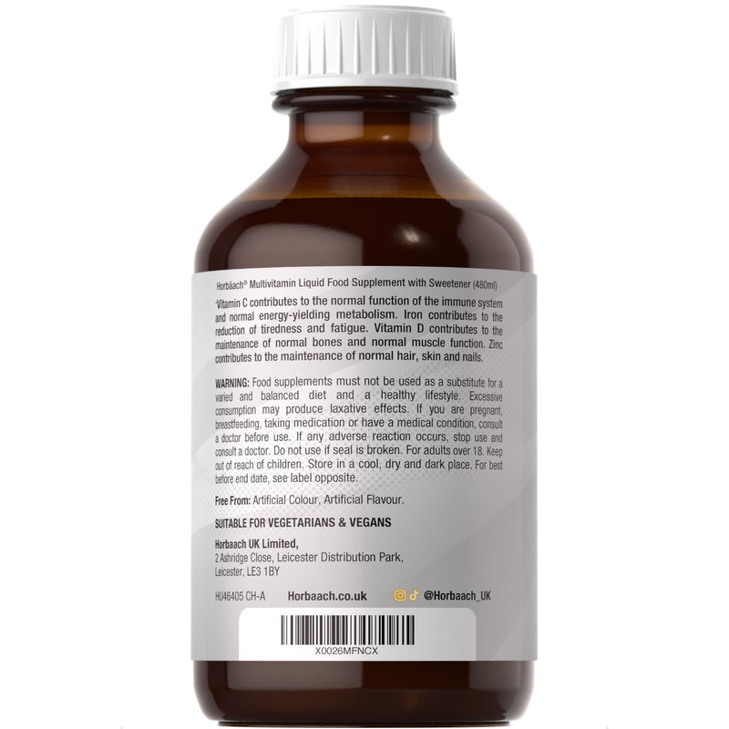 Multivitamin Liquid for Adults | 480mL (30 Servings) | Orange Flavour | 20 Essential Nutrients for Overall Wellness | Vegan Food Supplement | By Horbaach