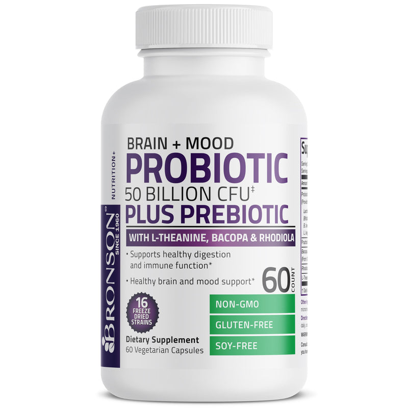Bronson Brain + Mood Probiotic 50 Billion CFU + Prebiotic, 60 Capsules | 16 Freeze-Dried Strains with L-Theanine, Bacopa & Rhodiola, Digestive & Immune Support, Non-GMO, Gluten-Free & Soy-Free