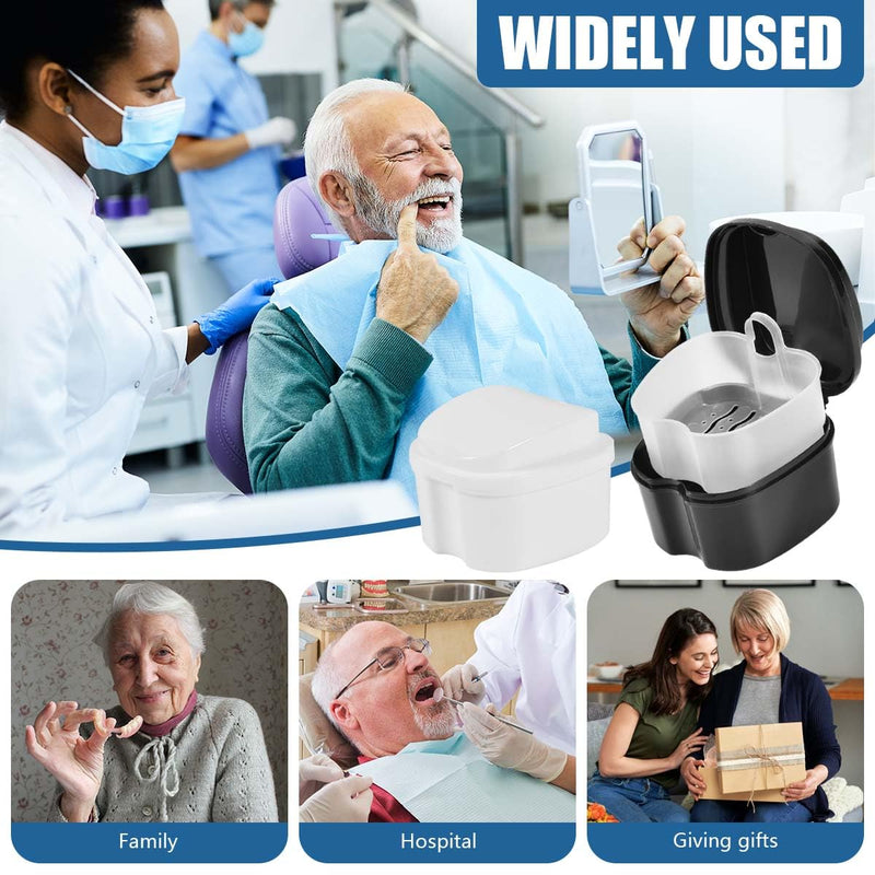 2 Pack Denture Bath Case Cup Box Holder Storage Container with Denture Cleaner Brush Strainer Basket for Travel Cleaning (White and Black) White and Black