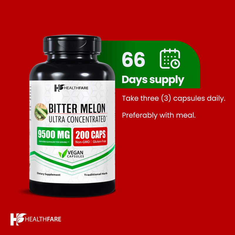 [Australia] - Bitter Melon Capsules Extract 9500mg | 200 Vegan Pills | Standardized Extra Strength Herbal Supplement | Non-GMO, Gluten-Free | Made in USA 200 Count (Pack of 1) 