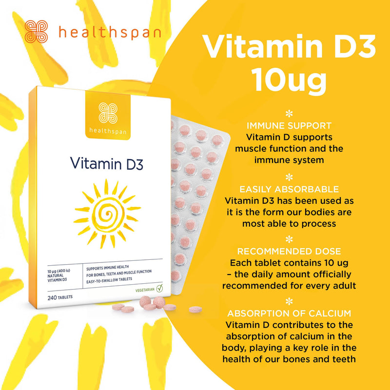 Healthspan Vitamin D3 400iu (8 Months' Supply) | Support Your Immune Health & Promotes Healthy Bones, Teeth & Muscles | Vegetarian