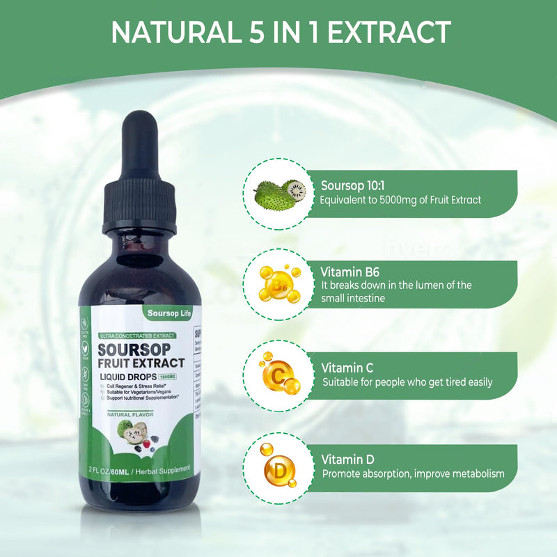Soursop multivitamin Drop Natural Energy Booster, Immune Support, Vegan,Gluten Free,Non-GMO Vitamin B6,C,D, 60ml