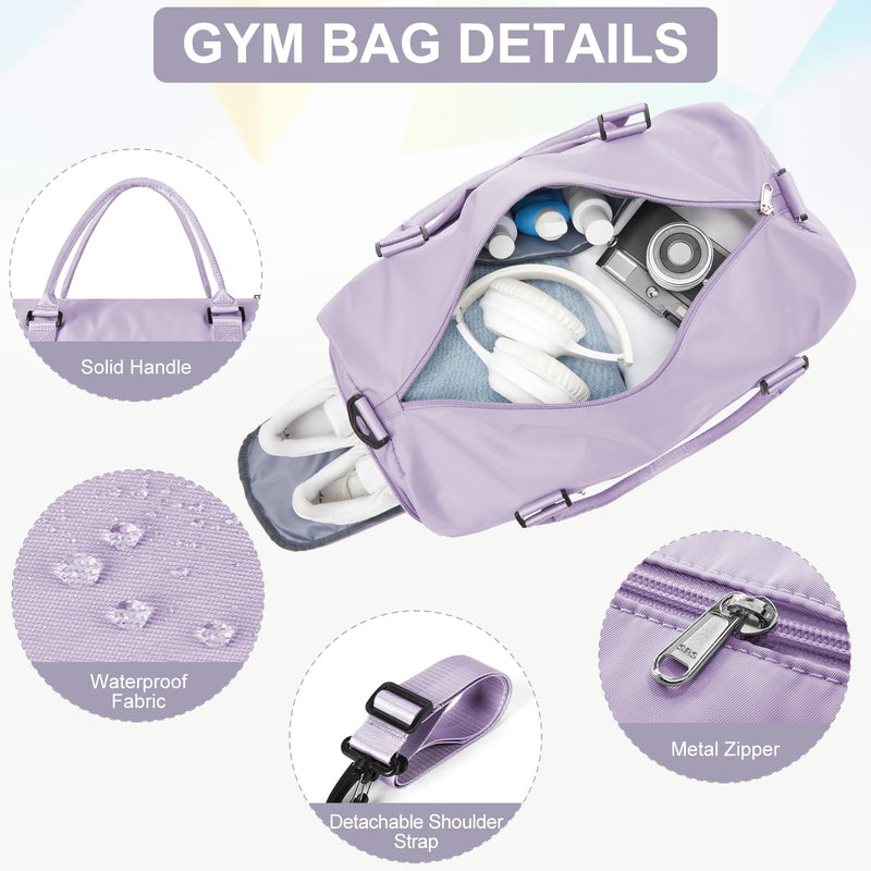 Gym Bag for Women Men with Shoes Compartment,Sports Duffle Bag Personal item travel Duffel Bags Tote Bag Small Carry on Weekender Overnight Bag Workout Dance Bag Hospital Holdalls Light Purple A13-Light Purple