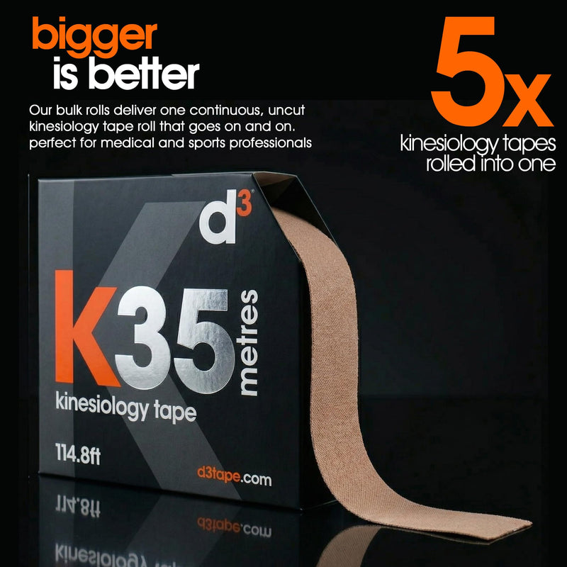 d3 K35 Kinesiology Tape Bulk Roll 5cm x 35m – Beige Extra Long Physio Sports Tape, Latex-Free, Hypoallergenic, Muscle & Joint Support Strapping for Injury Recovery