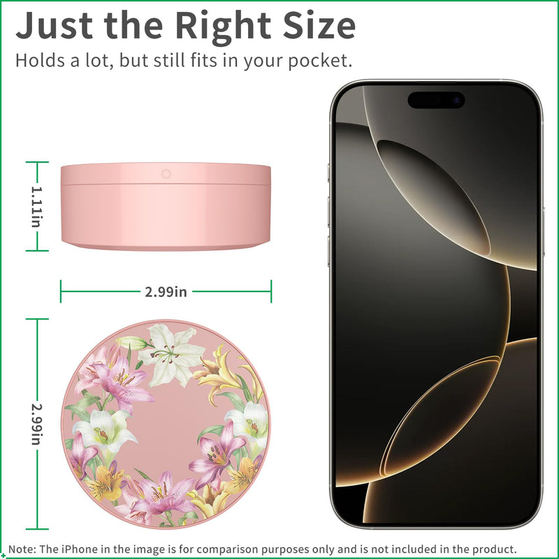 Small Travel Pill Organizer Box with Floral Pattern, Cute Pocket Pill Case with Removable Divider & Magnetic Closure, Moisture-Proof Daily Vitamin Container for Purse, 3 Compartments (Pink-F1) Pink F1