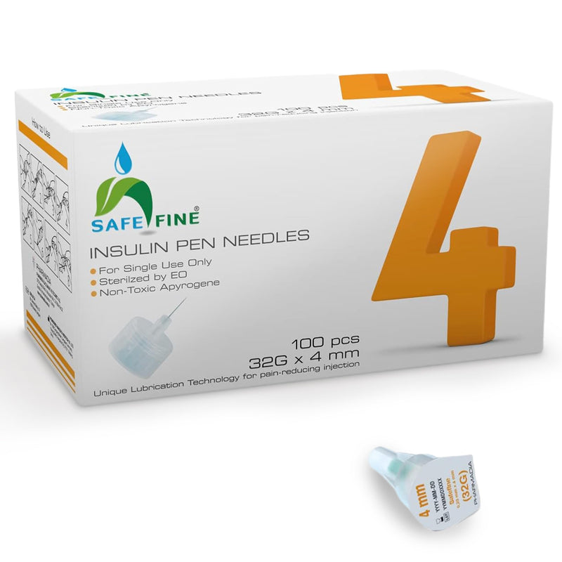[Australia] - Safe Fine Insulin Pen Needles 4mm 32G (5/32" x 0.23 mm) Thin Wall Technology, Diabetic Needles for Insulin Injections, Compatible with Most Diabetes Pens, 100 Pcs/Box 4 mm 32G 
