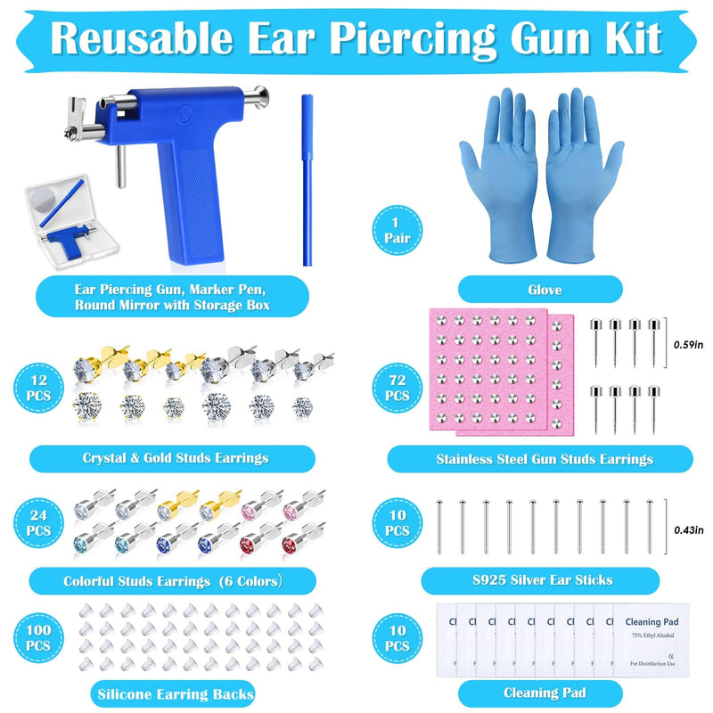 Ear Piercing Gun Kit with Earrings, Professional Ear Nose Piercing Gun with Ear Piercing Kit Surgical Steel Earrings for Salon At Home Piercing Kit Blue Gun With Ear Studs