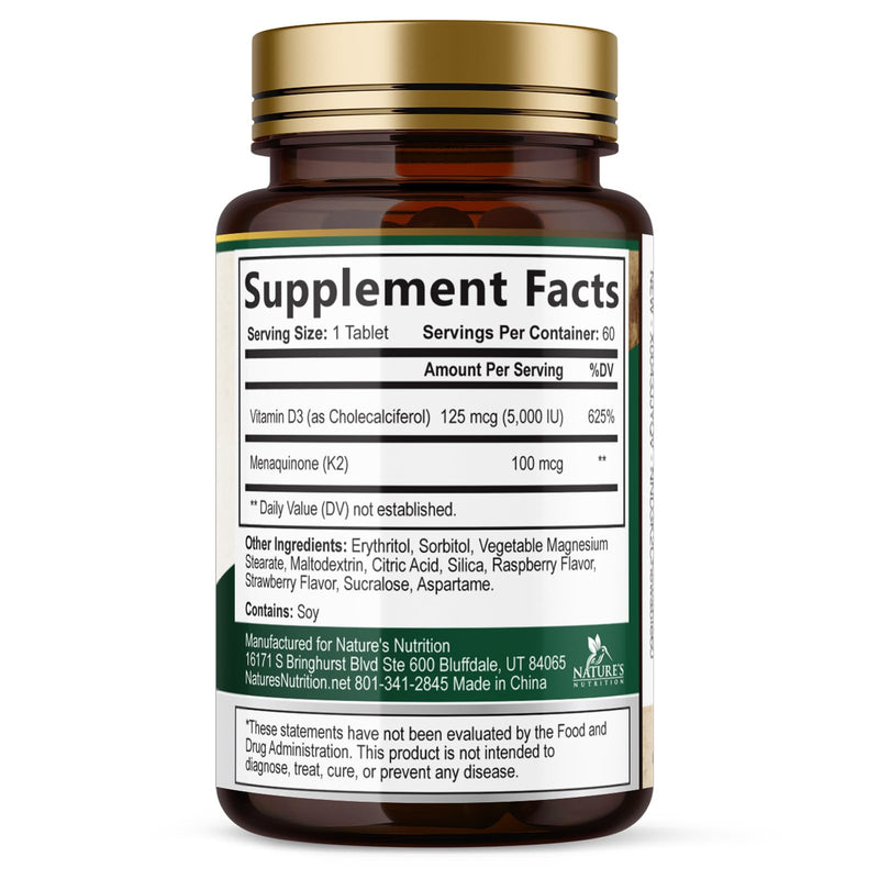 Vitamin D3 K2 Supplement | 5000 IU D3 + K2 100 mcg | MK-7 K2 with Vitamin D | Supports Immune, Heart, Teeth & Bone Health - Nature's Easy to Chew, VIT D3 K2, Non-GMO, Tasty Berry Flavor - 60 Tablets 60 Count (Pack of 1)