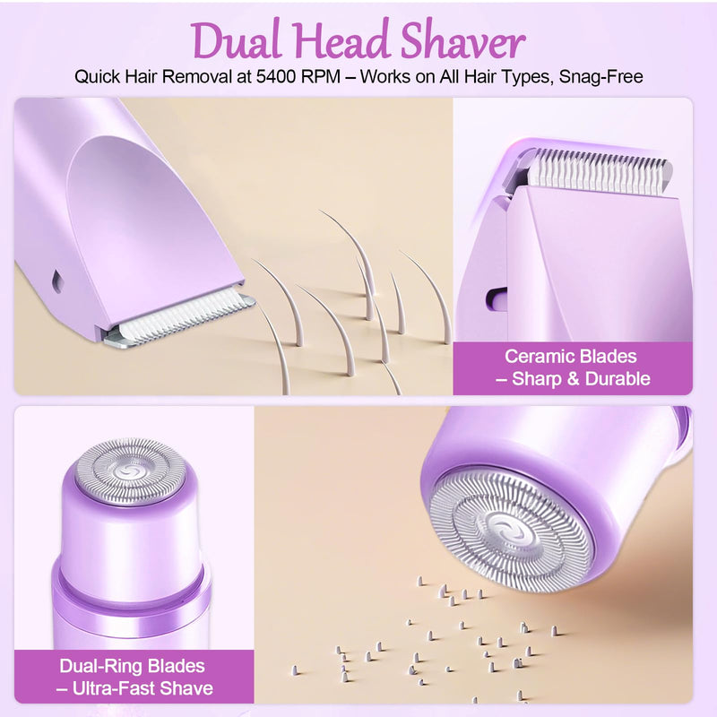 [Australia] - 2-in-1 Bikini Trimmer for Women, Bikini Shaver, Dual Head Electric Razor, IPX7 Waterproof Wet/Dry, USB Rechargeable for Pubic/Underarm/Leg, Pink Purple 