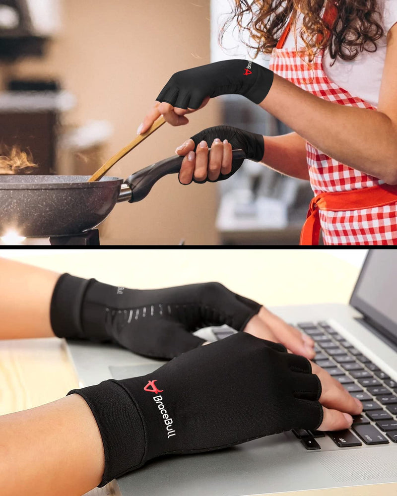 [Australia] - BraceBull Arthritis Gloves (2 Count), Copper Infused Fingerless Compression Gloves for Hand Pain, Carpal Tunnel, RSI, Rheumatoid, Tendonitis, and Relieve Muscle Pain for Women & Men (M, Black) Medium 