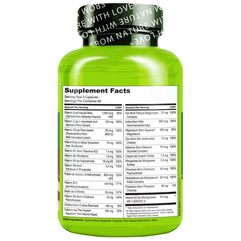 NATURELO Prenatal Multivitamin with Choline & Folate, 180 Capsules | Multivitamin with iron, plant calcium, vegan, vegetarian, Non-GMO, gluten free, 2 month supply 180 Count (Pack of 1)