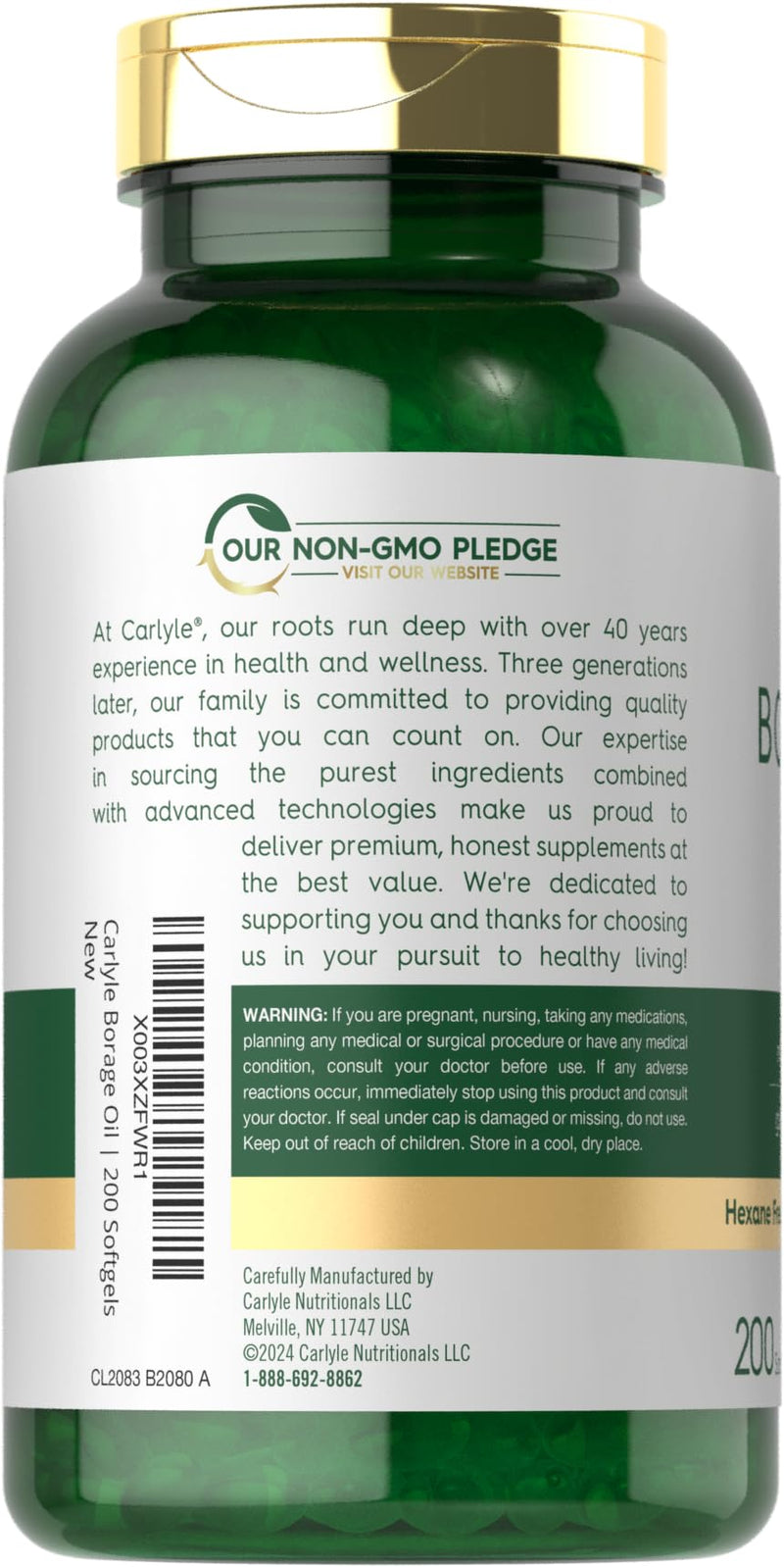 [Australia] - Carlyle Borage Oil Capsules | 2000mg | 200 Softgels | 320mg of GLA | Cold Pressed Seed Oil Supplement | Hexane Free | Non-GMO & Gluten Free 