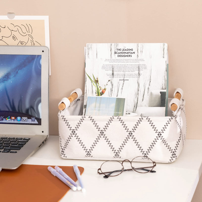 [Australia] - Decorative Collapsible Rectangular Fabric Storage Bin Organizer Basket with Wooden Handles for Clothes Storage, 11"×7.1"×3.9", White 11×6.7×3.5 inch 