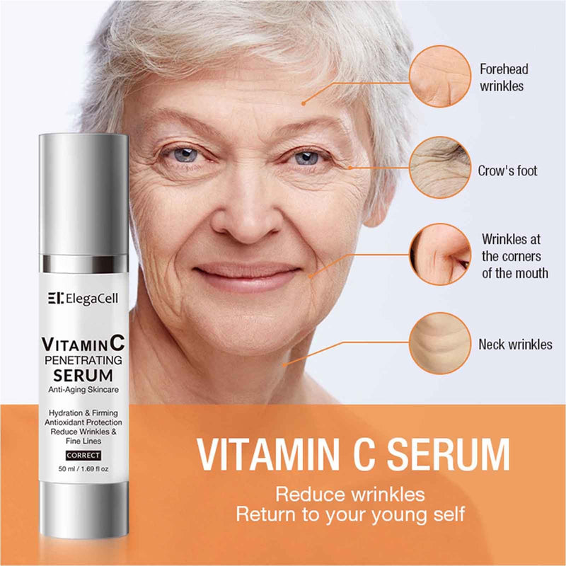ElegaCell Super Vitamin C Serum for Women Over 70 - All-in-One Hydrating Anti-Aging Formula by Vitamin C, Hyaluronic Acid, Caffeine-Firming, Hydrating,Lifting, Face Wrinkles 1.69 fl oz 1.69 Ounce (Pack of 1)