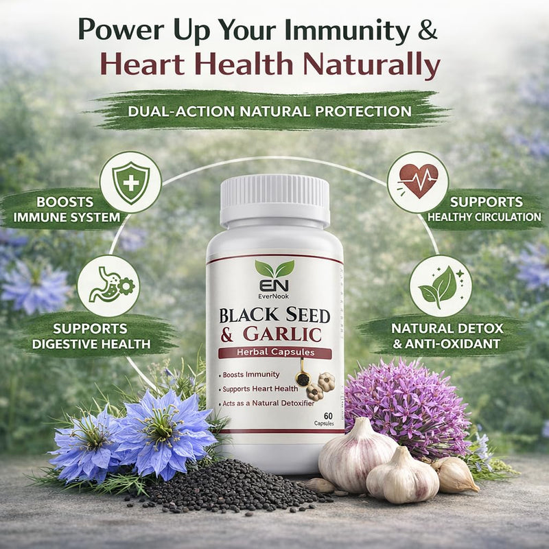 Black Seed & Garlic Capsules 500mg – 60 Vegetarian Capsules – Nigella Sativa & Garlic Powder Supplement – Natural Antioxidant Herbal Supplement – Supports Immunity, Heart Health & Detox