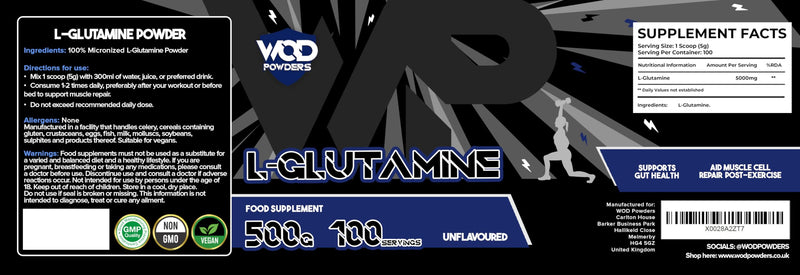 Glutamine Powder - 500g | Amino Acid, Improve Recovery, Boosts Immune System | Unflavoured 100% Micronized Glutamine Powder | 100 Servings in Tub with Scoop by WOD Powders