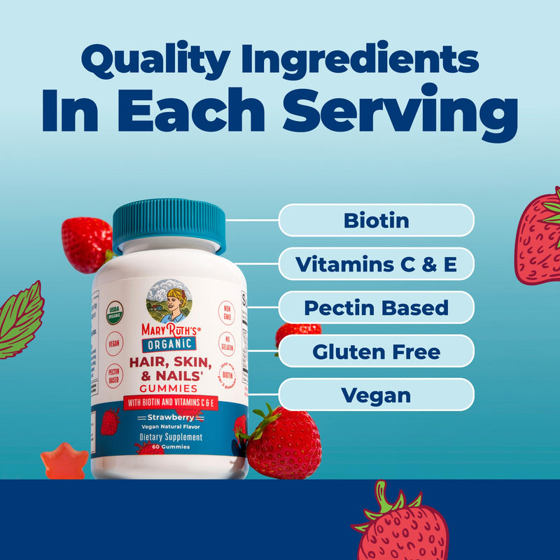 MARYRUTH'S Organic Hair Skin and Nail Vitamins, Ages 14+, Skin Care, 60ct | USDA Organic, 2500 mcg Biotin Gummies, Vitamin C & Vitamin E, Hair Growth, Skin Care, Nail Growth