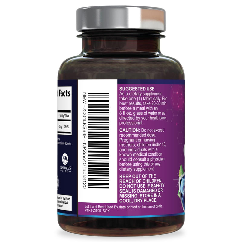 Zinc Supplements 40mg - 40mg of Zinc is the NIH's Safe Upper Daily Limit for Women & Men - Best Zink Supplement for Immune Support, Antioxidant, Skin Health, Gluten Free, Bottled in USA - 120 Caplets 120 Count (Pack of 1)