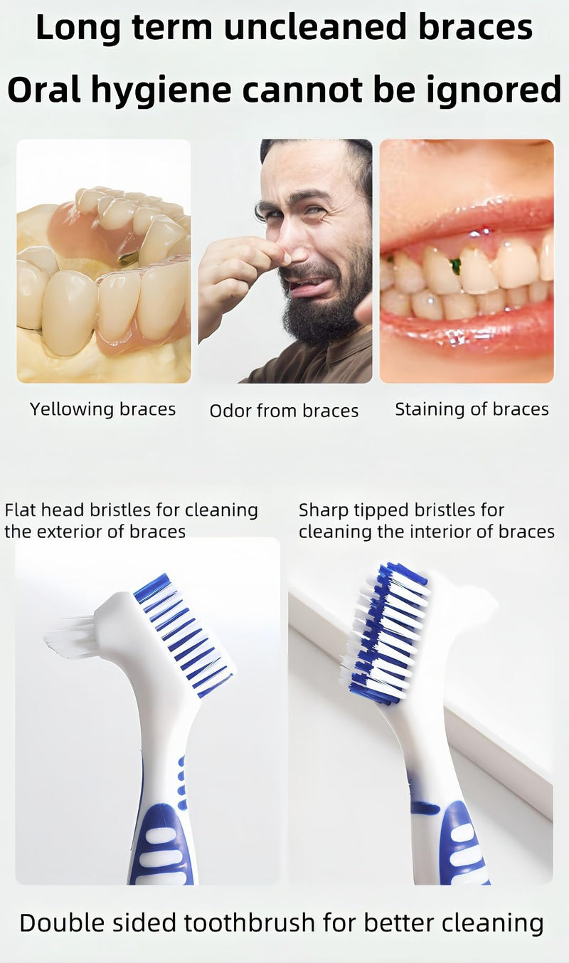 [Australia] - Denture Cleaning Brushes 2-Pack with Dual-Angle Heads - Soft Nylon Bristles & Ergonomic Grip, Travel Brush Kit for Seniors (Orange/Blue) | Denture Care Essentials, Heartwarming Gift for Elderly Orange/Blue 